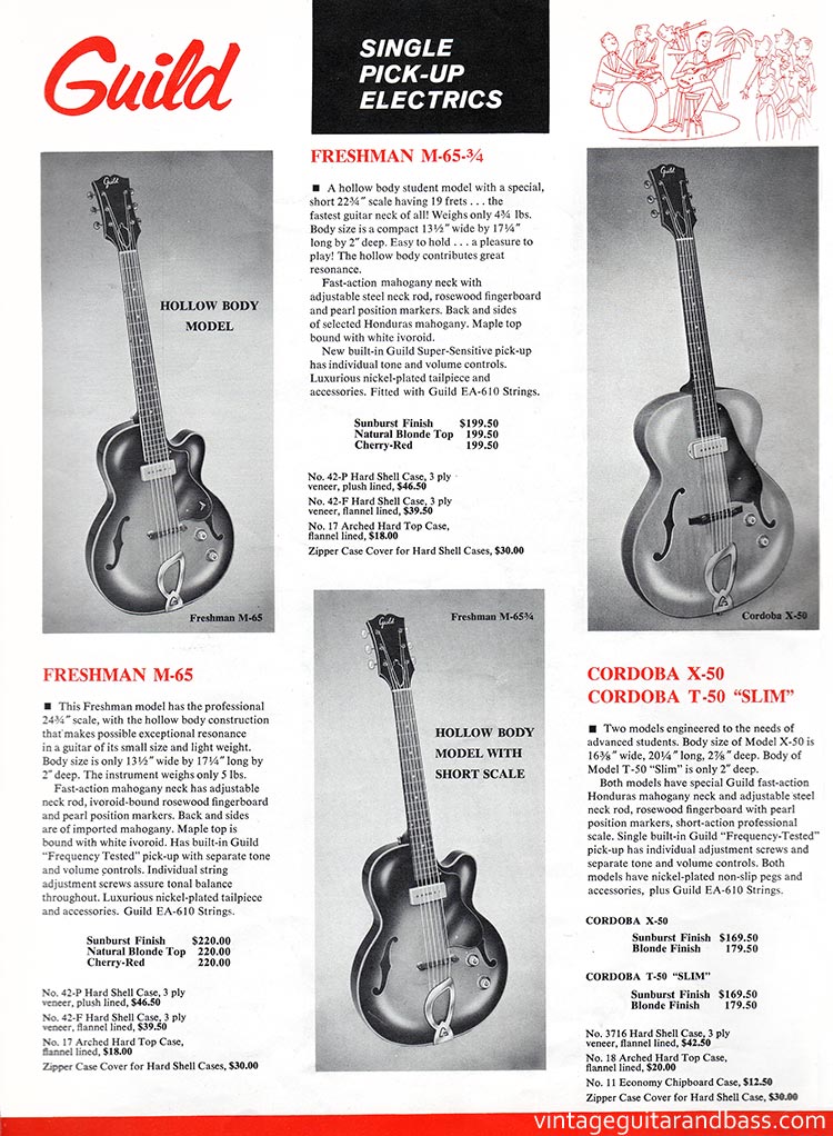1963 Guild guitar catalog, page 7: Guild Freshman M-65, Freshman M-65-3/4, Cordoba X-50 and Cordoba T-50 "slim"