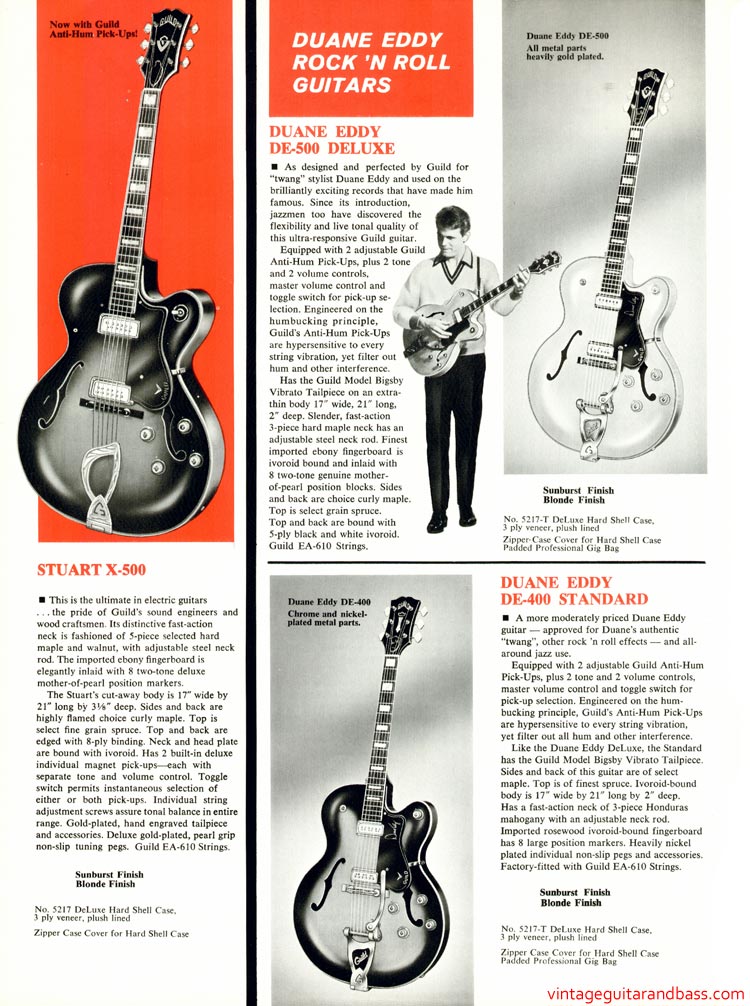 1968 Guild guitar catalog, page 4: Guild Stuart X-500, Duane Eddy DE-500 Deluxe and Duane Eddy DE-400 Standard