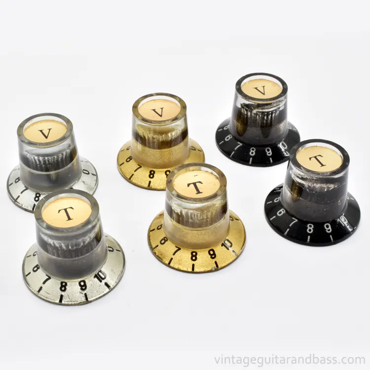 Matsumoku metal capped control knobs showing the three colour variants: