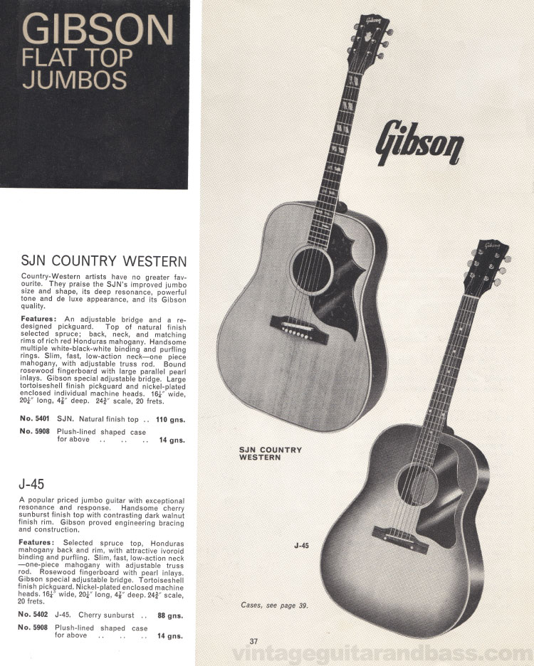 1965/66 Selmer "Guitars and Accessories" catalog, page 37: Gibson SJN Country Western and J-45 flat-top jumbo acoustics