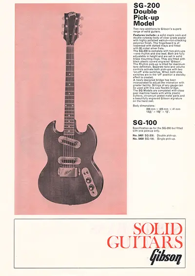 1971 Gibson, Hofner and Yamaha catalog page 10 - Gibson SG-100 and SG-200