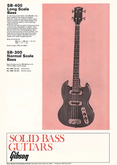 1971 Gibson, Hofner and Yamaha catalog page 11 - Gibson SB-300 and SB-400 bass