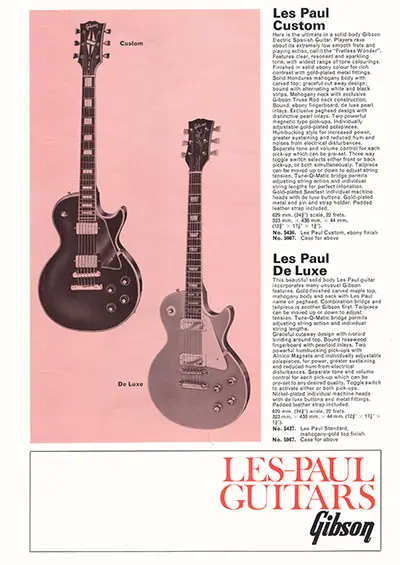 1971 Gibson, Hofner and Yamaha catalog page 12 - Gibson Les Paul Custom and Les Paul Deluxe