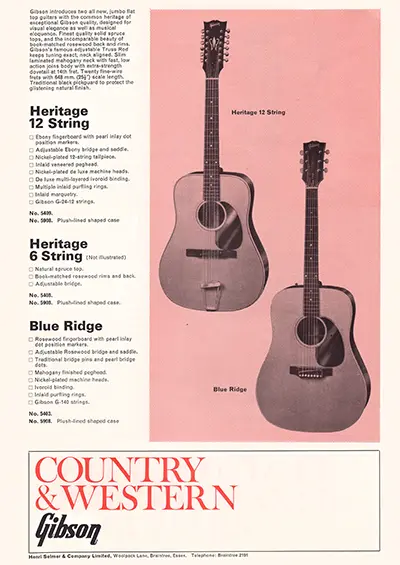 1971 Gibson, Hofner and Yamaha catalog page 15 - Gibson Heritage 6 string, Heritage 12-string and Blue Ridge