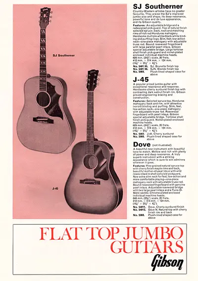 1971 Gibson, Hofner and Yamaha catalog page 16 - Gibson SJ Southerner, J-45 and Dove