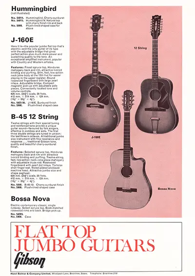 1971 Gibson, Hofner and Yamaha catalog page 17 -  Gibson Hummingbird, J-160E, B-45 12-string and Bossa Nova