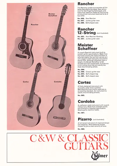 1971 Gibson, Hofner and Yamaha catalog page 18 - Selmer Rancher, Rancher 12-string, Meister Schaffner, Cortez, Cordoba and Pizarro