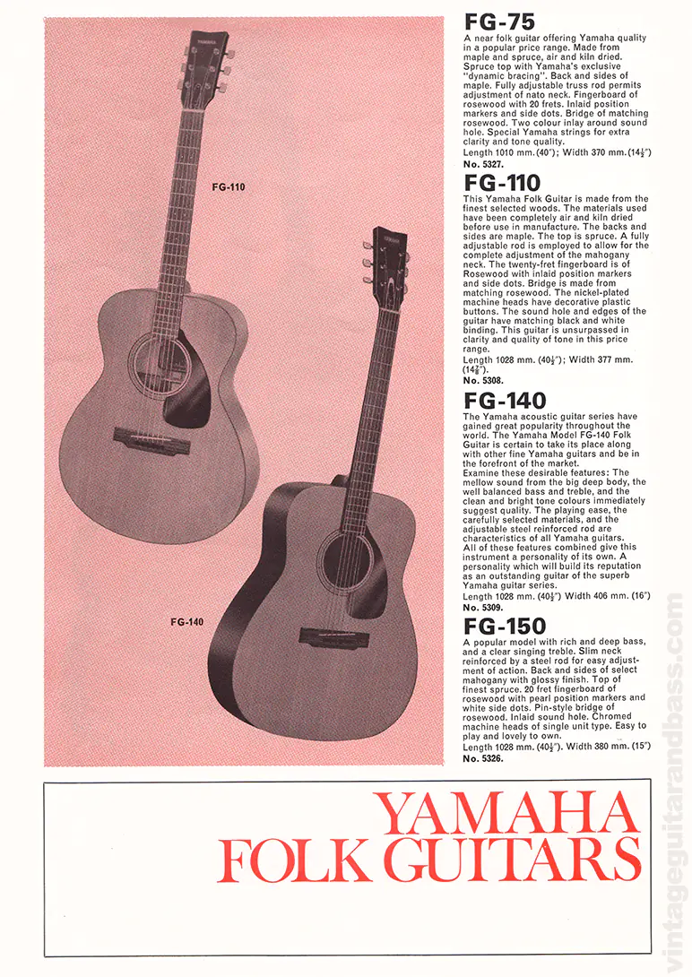1971 Selmer "Guitars & Accessories" catalog page 20: Yamaha FG-75, FG-110, FG-140, FG-150 folk guitars