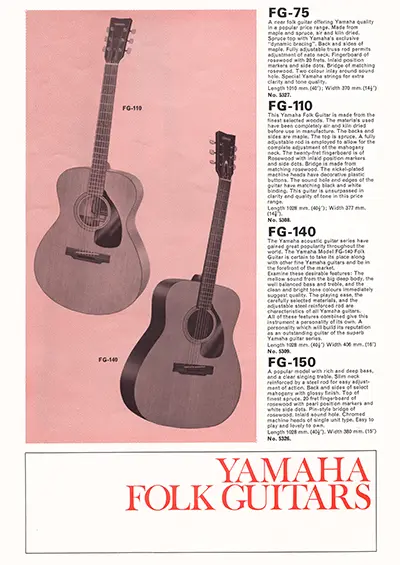 1971 Gibson, Hofner and Yamaha catalog page 20 - Yamaha FG-75, FG-110, FG-140, FG-150