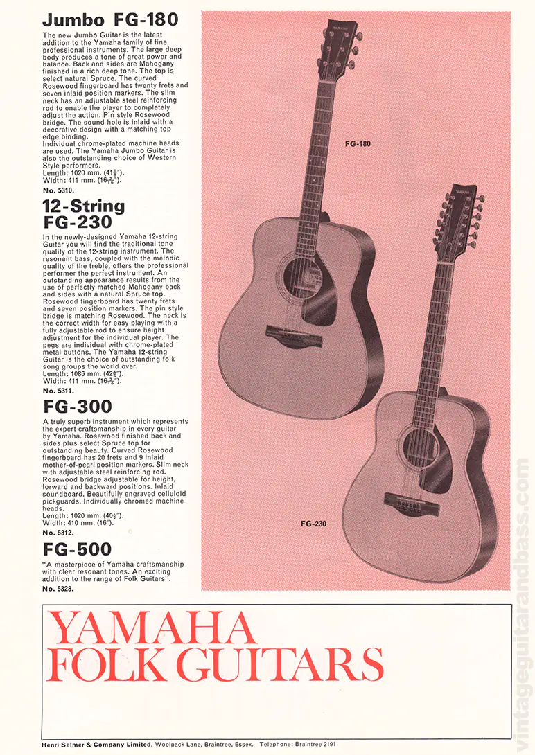 1971 Selmer "Guitars & Accessories" catalog page 21: Yamaha FG-180, FG-230 (12-string), FG-300, FG-500 folk acoustics
