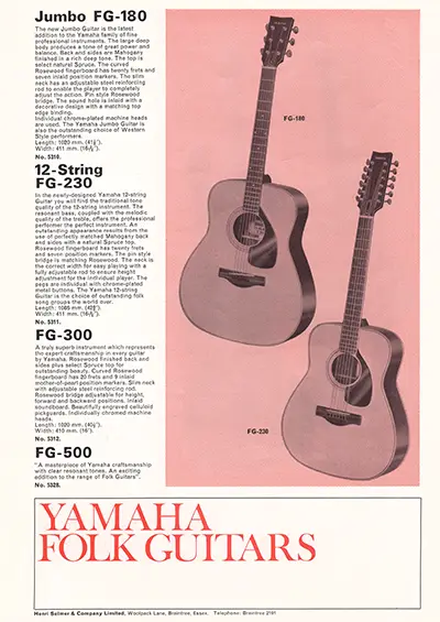 1971 Gibson, Hofner and Yamaha catalog page 21 - Yamaha FG-180, FG-230, FG-300, FG-500