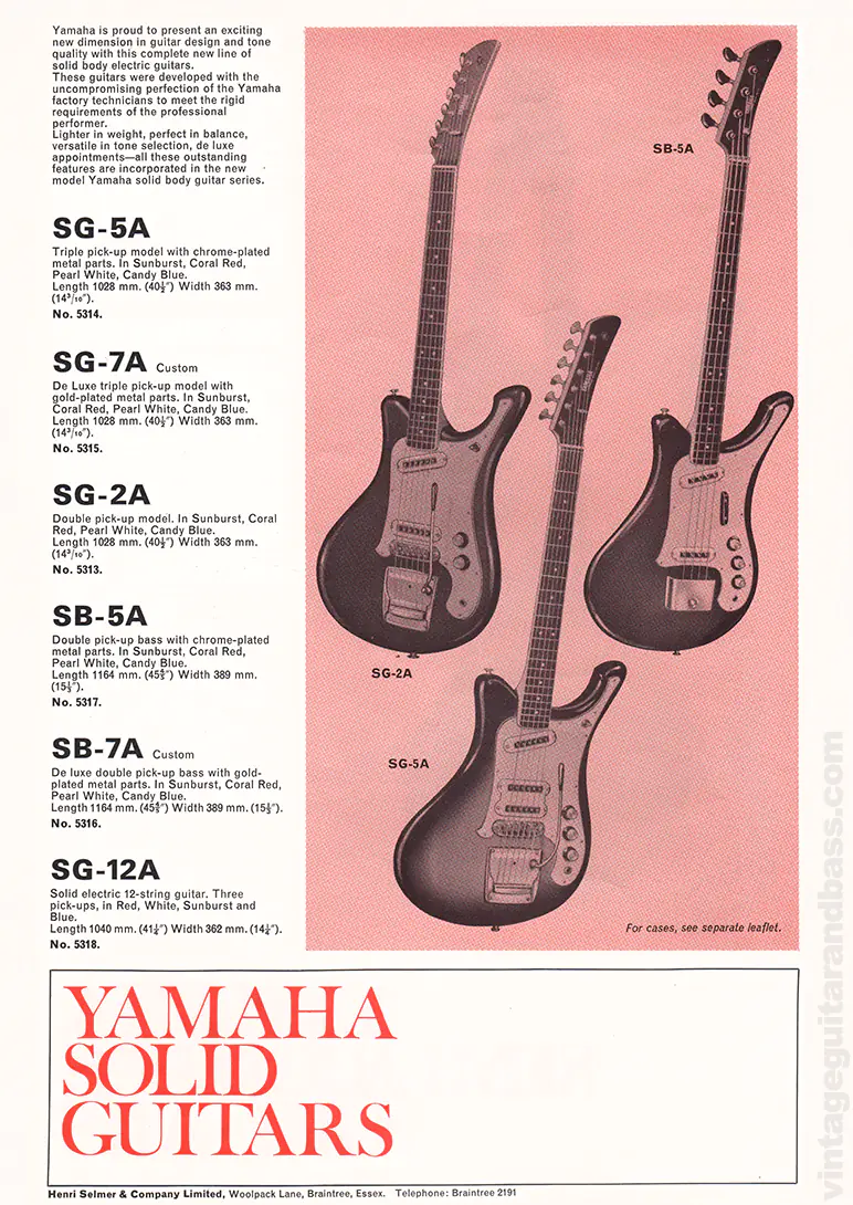 1971 Selmer "Guitars & Accessories" catalog page 23: Yamaha SG-2A, SG-5A, SG-7A, SG-12A guitars and SB-5A and SB-7A basses