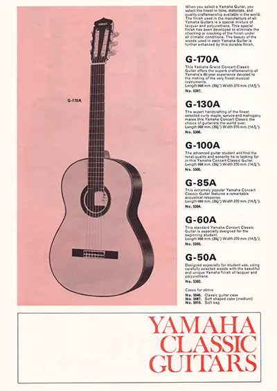 1971 Gibson, Hofner and Yamaha catalog page 24 - Yamaha G-50A, G-60A, G-85A, G-100A, G-130A, G-170A