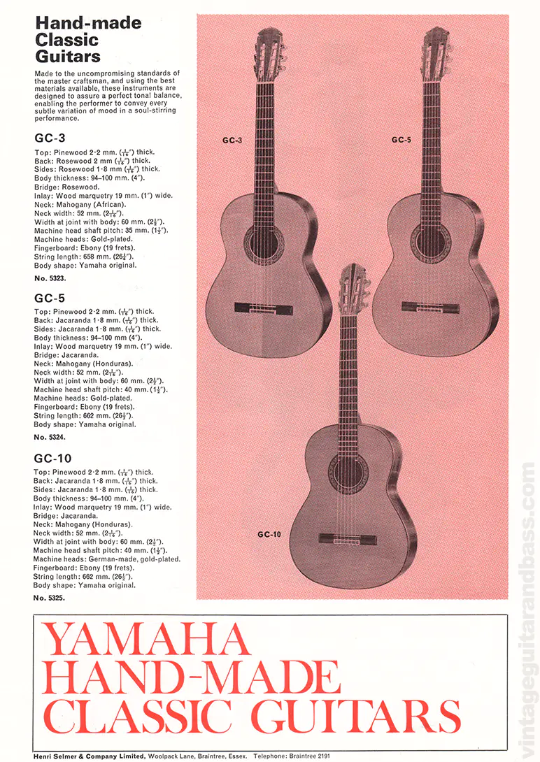 1971 Selmer "Guitars & Accessories" catalog page 25: Yamaha GC-3, GC-5 and GC-10 Hand-Made Classic guitars