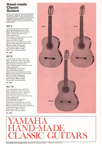 1971 Gibson, Hofner and Yamaha catalog page 25 - Yamaha GC-3, GC-5 and GC-10