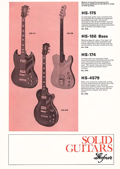 1971 Gibson, Hofner and Yamaha catalog page 26 - Hofner HS-174, HS-175, HS-4579 and HS-186 bass
