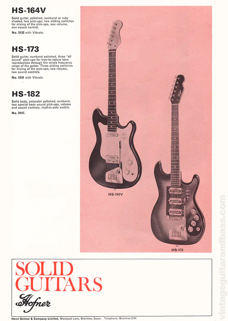 1971 Selmer "Guitars & Accessories" catalog page 27: Hofner HS-164V, HS-173 and HS-182 solid body electrics