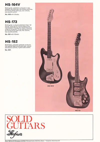 1971 Gibson, Hofner and Yamaha catalog page 27 - Hofner HS-164V, HS-173 and HS-182 bass