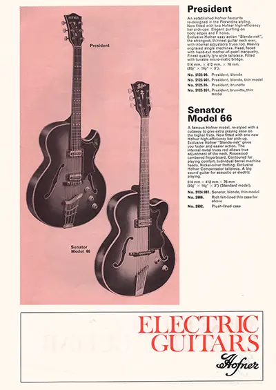 1971 Gibson, Hofner and Yamaha catalog page 30 - Hofner President and Hofner Senator
