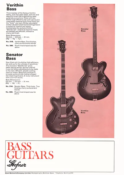 1971 Gibson, Hofner and Yamaha catalog page 33 - Hofner Verithin bass, Hofner Senator bass