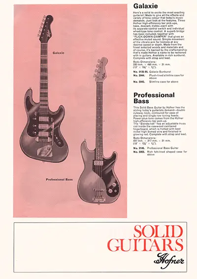 1971 Gibson, Hofner and Yamaha catalog page 34 - Hofner Galaxie, Hofner Professional Bass