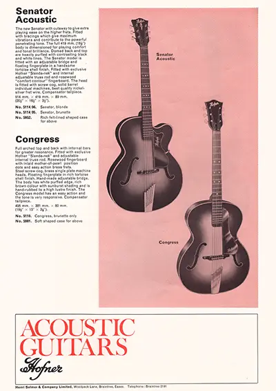 1971 Gibson, Hofner and Yamaha catalog page 35 - Hofner Senator Acoustic, Hofner Congress