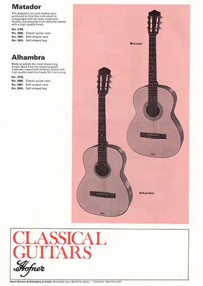 1971 Gibson, Hofner and Yamaha catalog page 37 - Hofner Matador and Alhambra