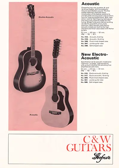 1971 Gibson, Hofner and Yamaha catalog page 38 - Hofner Acoustic and Electro-acoustic