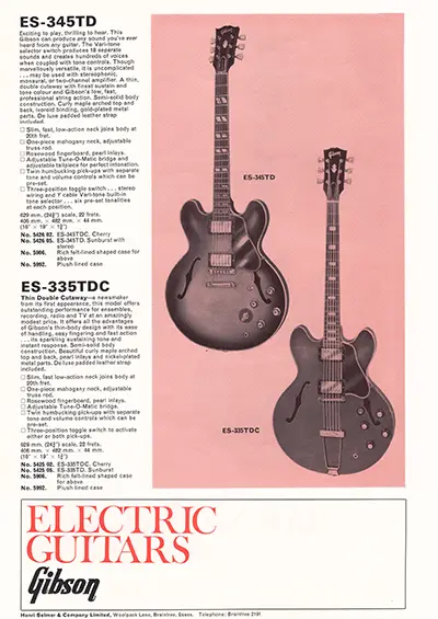 1971 Gibson, Hofner and Yamaha catalog page 3 - Gibson ES-335TD and ES-345TD