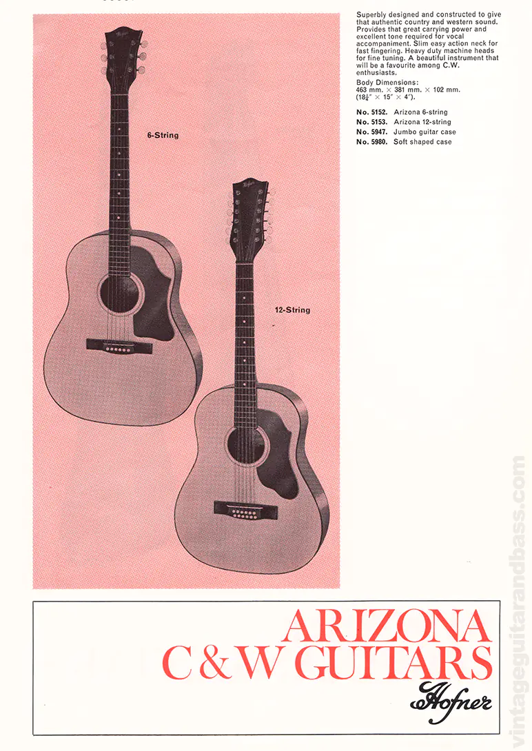 1971 Selmer "Guitars & Accessories" catalog page 40: Hofner Arizona Country & Western 6 and 12-string guitars