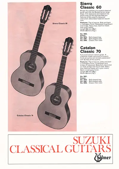 1971 Gibson, Hofner and Yamaha catalog page 42 - Suzuki Sierra Classic 60 and Catalan Classic 70