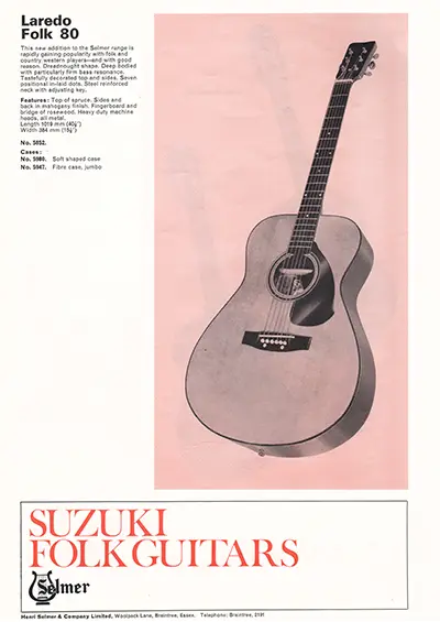 1971 Gibson, Hofner and Yamaha catalog page 43 - Suzuki Laredo Folk 80