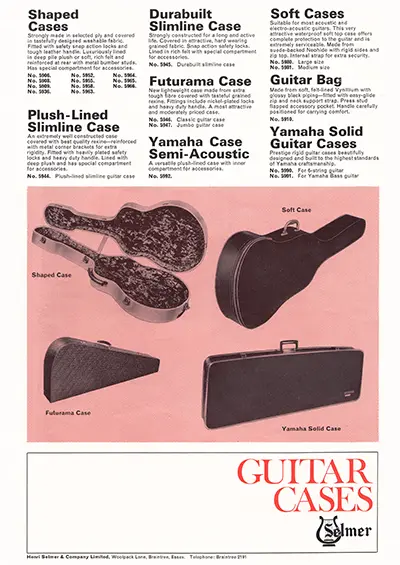 1971 Gibson, Hofner and Yamaha catalog page 44 - Selmer cases and guitar bags