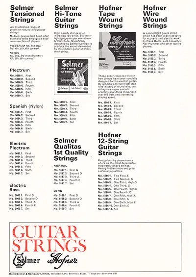 1971 Gibson, Hofner and Yamaha catalog page 46 - Selmer and Hofner strings