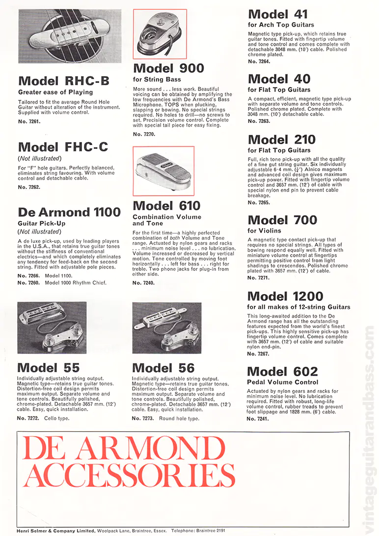 1971 Selmer "Guitars & Accessories" catalog page 50: De Armond pickups and volume pedals