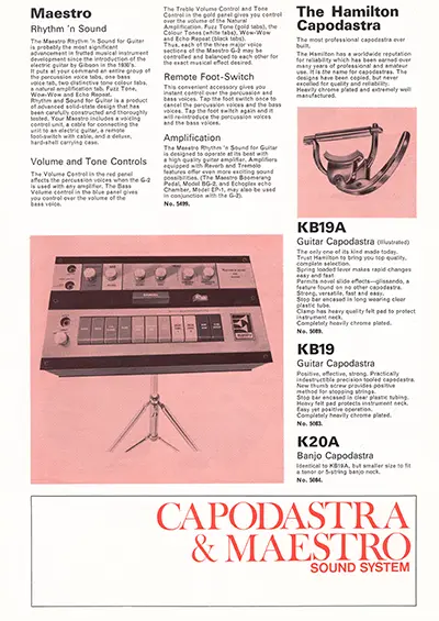 1971 Gibson, Hofner and Yamaha catalog page 51 - Maestro effects and Hamilton Capodastra