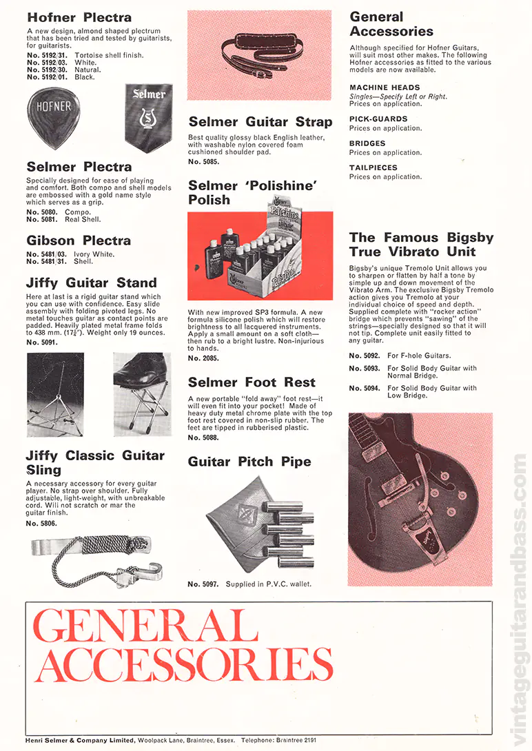 1971 Selmer "Guitars & Accessories" catalog page 51: general accessories