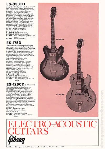 1971 Gibson, Hofner and Yamaha catalog page 5 - Gibson ES-330TD, ES-175D and ES-125CD
