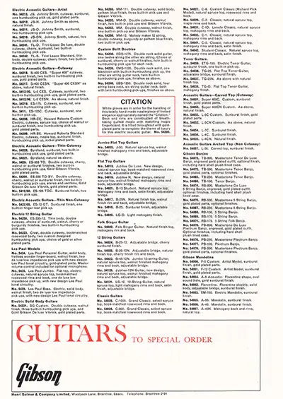 1971 Gibson, Hofner and Yamaha catalog page 7 - Gibson custom order instruments