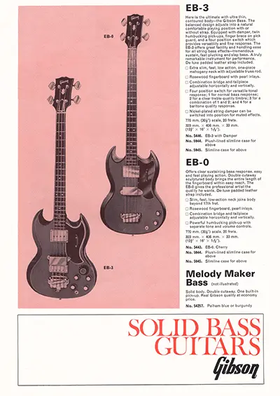 1971 Gibson, Hofner and Yamaha catalog page 8 - Gibson EB-3, EB-0 and Melody Maker bass