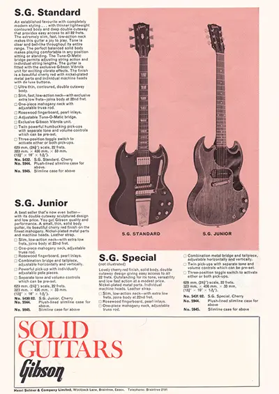 1971 Gibson, Hofner and Yamaha catalog page 9 - Gibson SG Standard and SG Junior